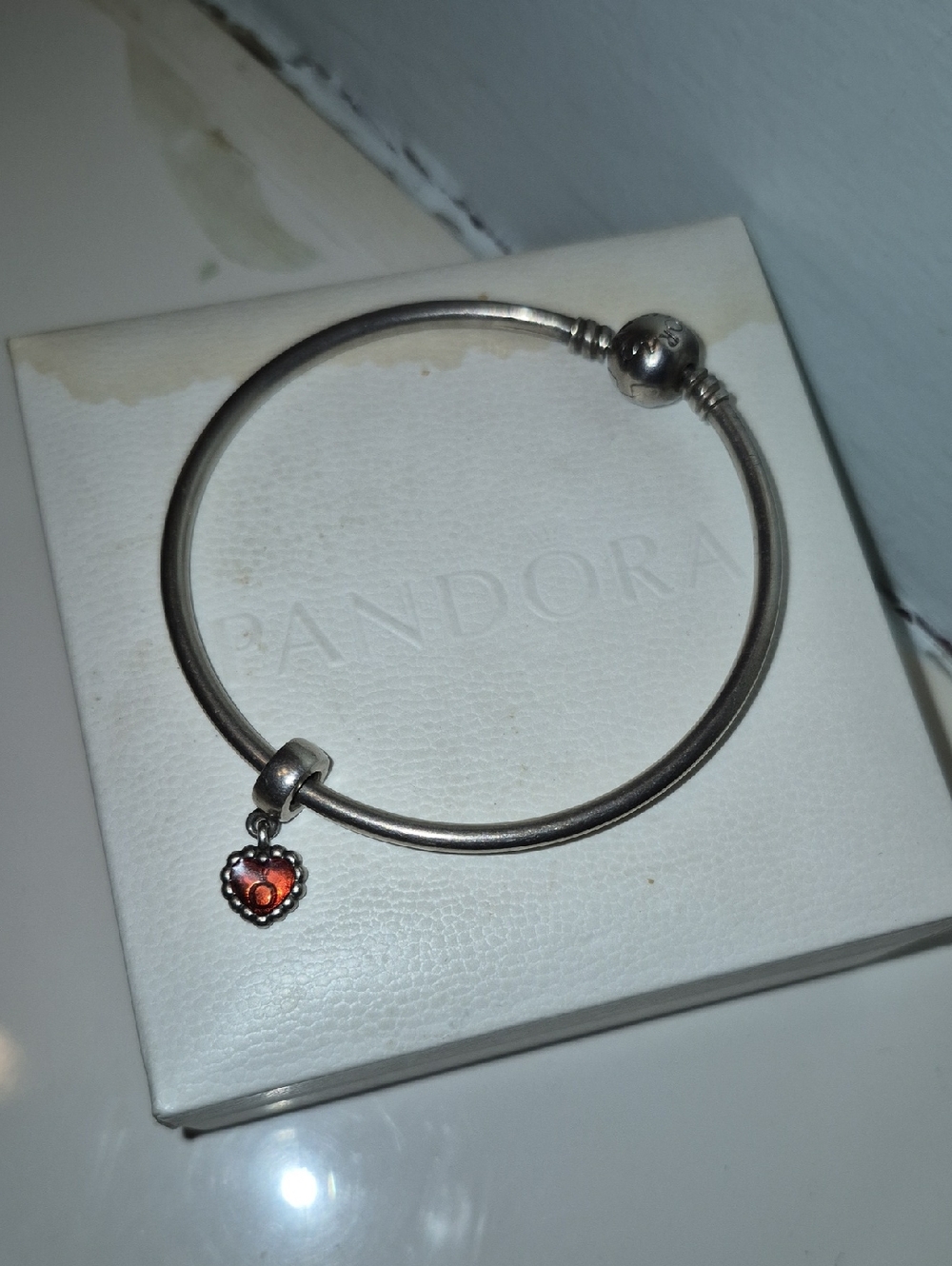 Pandora Silver Bangle with Red Heart Dangle Charm